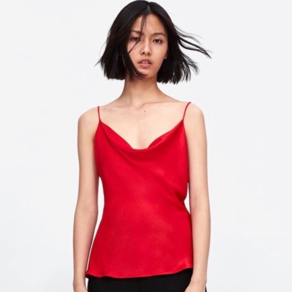 red satin cowl neck top